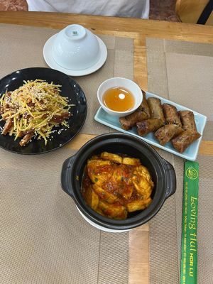 mango salad, tofu in tomatosauce, fried spring rolls  at Nhà Hàng Chay Hoa Lư - Loving Hut in Ninh Binh