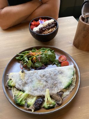 Açai Bowl with Vegan Nutella & the Vegan Tapioca with vegan cheese, mushroom and broccoli   at Toca Tapioca House in Dublin