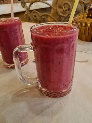 Dragonfruit, mango and ginger smoothie at  Bilmos in Chefchaouen