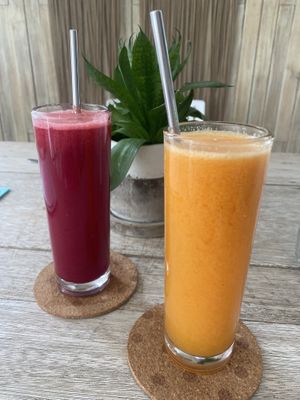 ‘Orange Crush & You’ve got the Beet’ cold pressed juicee  at The Beachbaby Cafe in Siargao