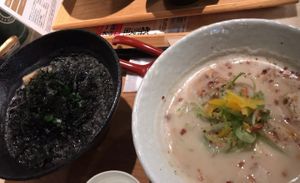 Black sesame and seaweed ramen and yuzu almond milk ramen at Hakkou Ramen izuru - 発酵ラーメン  in Yokohama