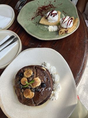 Banana pancakes and crepes. Both vegan and delicious!  at Jeronimo in Lima