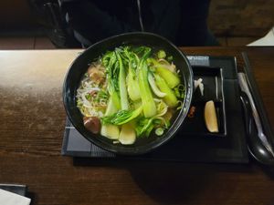Soup with rice noodles and Pak choi at Hu Lu Lu Akácfa in Budapest