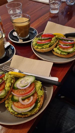 Avocado Pesto Bagel & Oat Latte at Remedy Coffee in Auckland