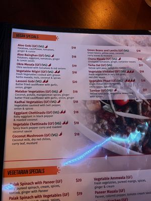 Menu-many vegan entree options  at Spice Palette Indian Cuisine in Mount Pleasant