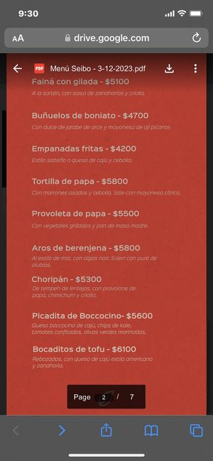 Menu 1/6/24  at Seibo in Buenos Aires