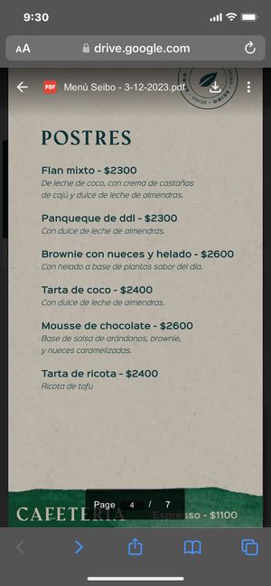 Menu 1/6/24  at Seibo in Buenos Aires