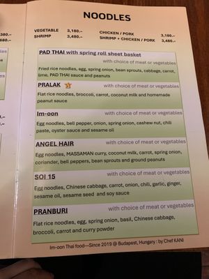 Noodle menu   at Im-Oon in Budapest