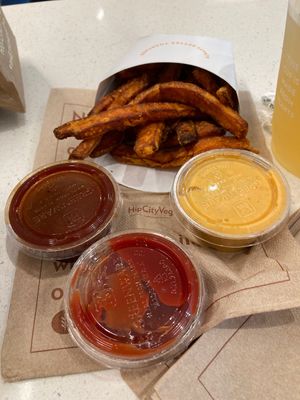 Sweet potato fries and sauces at HipCityVeg - Rittenhouse in Philadelphia