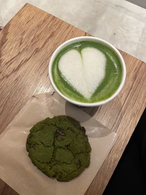Matcha oat latte and vegan cookie with cranberries   at The Matcha Tokyo - Shibuya Miyashita Park in Tokyo