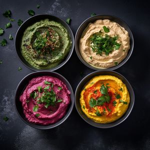 Our delicious hummus variations: classic, carrot, beet root and coriander. What is your favourite? at Bavarian Oriental in Munich