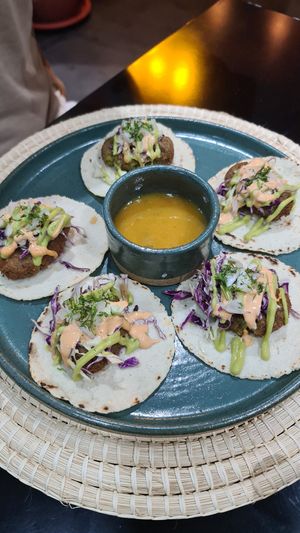 Falafel Tacos with a smokey chipotle mayo and a spicy maracuya salsa at Agave Studio in Puerto Ayora