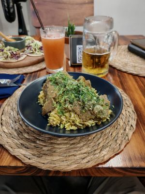 Coconut rice and soy meat at Agave Studio in Puerto Ayora