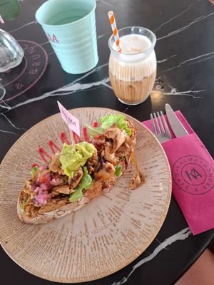 Vegan toast and iced late with oat milk at Kalma Café in Lanzarote