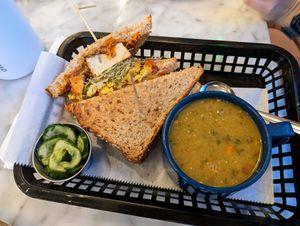 Peanut tofu sandwich and lentil soup. at Local Foods in Austin
