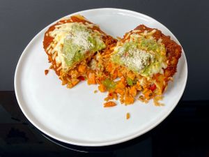 Mission burrito w/sweet papas + guacamole *comes w/black beans (plated at home) at Mission Cantina in Seattle