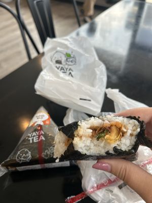 Inside spring roll onigiri (without mayo) and gong bao  at Yaya Tea in Hicksville