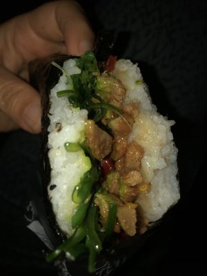 Vegan Gong bao chicken with seaweed (L) RB  (real hot red pepper)   at Yaya Tea in Hicksville