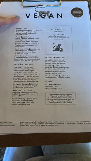 Vegan menu  at Mowgli in Glasgow