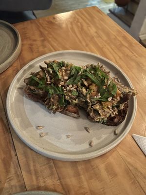 Tostada de orellanas y kimchi  at Real Vegetal in Medellin