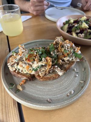 Cheesy mushroom + kimchi toast  at Real Vegetal in Medellin