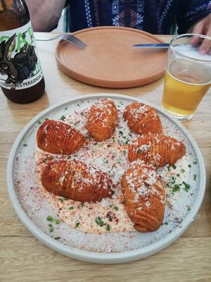 Oven potatoes on garlic cashew cheeze at Real Vegetal in Medellin