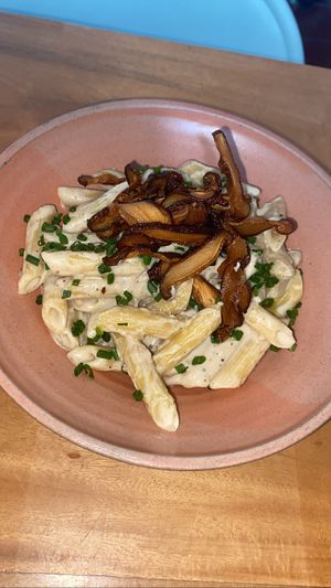 Cheesy vegan pasta   at Real Vegetal in Medellin