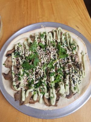 Mushroom pizza at Real Vegetal in Medellin