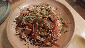 Noodles with tofu at Real Vegetal in Medellin
