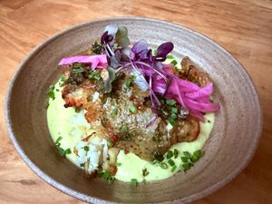 Roast potato with cashew cream and chimichurri (special)   at Real Vegetal in Medellin