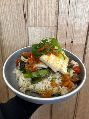 Vegan Bhudda Bowl with tofu and rice. Not on the menu, but one of the ever changing specials. at Little T's in Balcatta