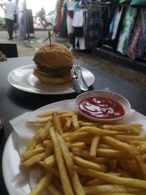 Vegan burger and fries at Little Govinda's in Ao Nang