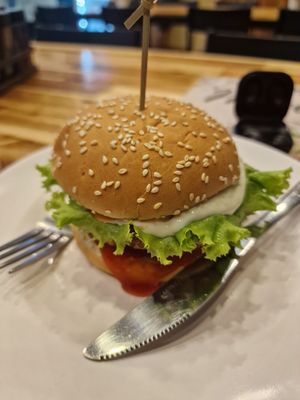 Drenched in sauces to hide the flavourless soy burger at Little Govinda's in Ao Nang