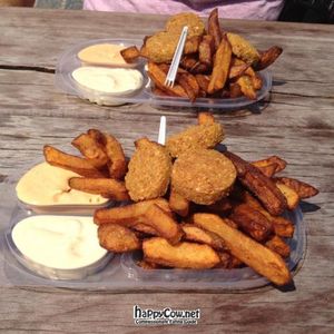 mix plate, hummus, fries and falafel at Vegetarian Snacks Food Truck in Copenhagen