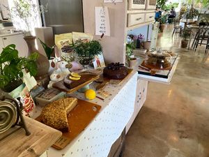 Table with vegan cakes and other baked goods at Ksana 크샤나 in Busan