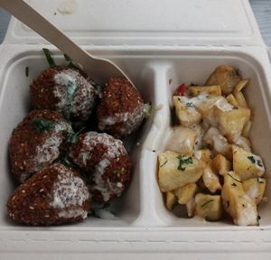 "Falafel Box with Batata-Harra and Sesam Sauce" at Fattoush in Berlin