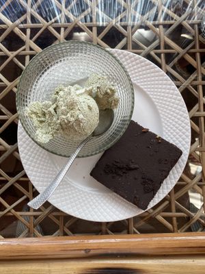 brownie with moringa ice cream  at Baobab House in Cape Coast