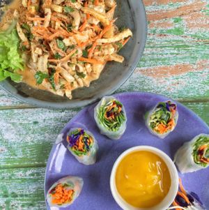 banana blossom salad and fresh rolls at Imm Aim Vegetarian and Bike Cafe in Chiang Mai