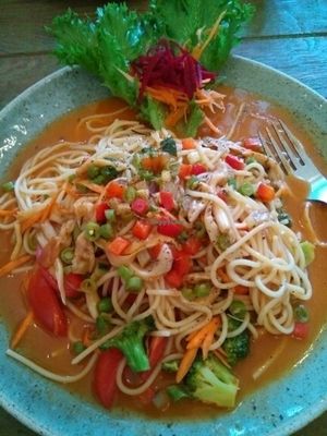 curry spaghetti  at Imm Aim Vegetarian and Bike Cafe in Chiang Mai