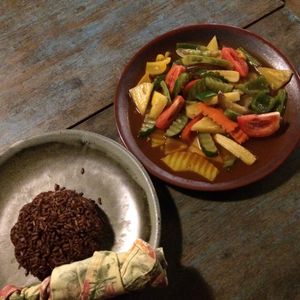stir fried mixed veggies and pineapple in tamarind sauce at Imm Aim Vegetarian and Bike Cafe in Chiang Mai