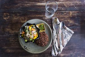 Banana blossom soup with red rice. at Imm Aim Vegetarian and Bike Cafe in Chiang Mai