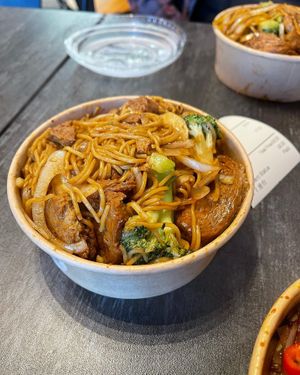 Vegan chick'n chow mein with black bean sauce and veggies at Kawa Asian Fusion in Belfast