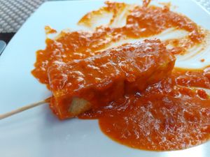Tofu skewers in satay sauce. Four pieces in a a very tasty sauce. at Miss Asia in Gran Canaria