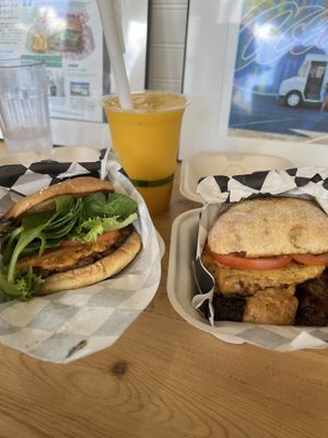 Cheeseburger and Iron man  at Blondies Vegan Proteins + Cafe Hawaii in Honolulu