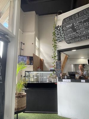 Cabinet with more specials and the server saying goodbye to her dog - so sweet!  at Blondies Vegan Proteins + Cafe Hawaii in Honolulu