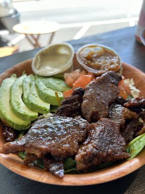 BBQ chicken protein bowl- spicy and flavorful!  I had the cilantro crema and salsa on it - great combo!  at Blondies Vegan Proteins + Cafe Hawaii in Honolulu