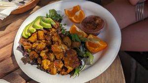 Breakfast plate with vegan egg, sausage and smoked cheddar. Amazing at Blondies Vegan Proteins + Cafe Hawaii in Honolulu
