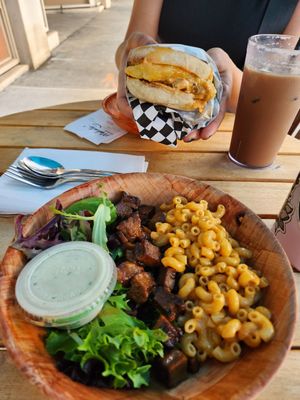 Breakfast sandwich, mac n cheese plate (half size) and  vegan Nutella coffee    at Blondies Vegan Proteins + Cafe Hawaii in Honolulu