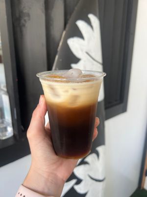 BLONDIES VEGAN LOCAL ROASTED COFFEES AND TEAS: PICTURED IS BLONDIES VEGAN HAWAIIAN COFFEE LATTE at Blondies Vegan Proteins + Cafe Hawaii in Honolulu