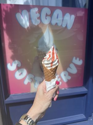 Vegan soft serve with freshly made waffle cone and strawberry topping. This alone is worth a visit!  at Blondies Vegan Proteins + Cafe Hawaii in Honolulu